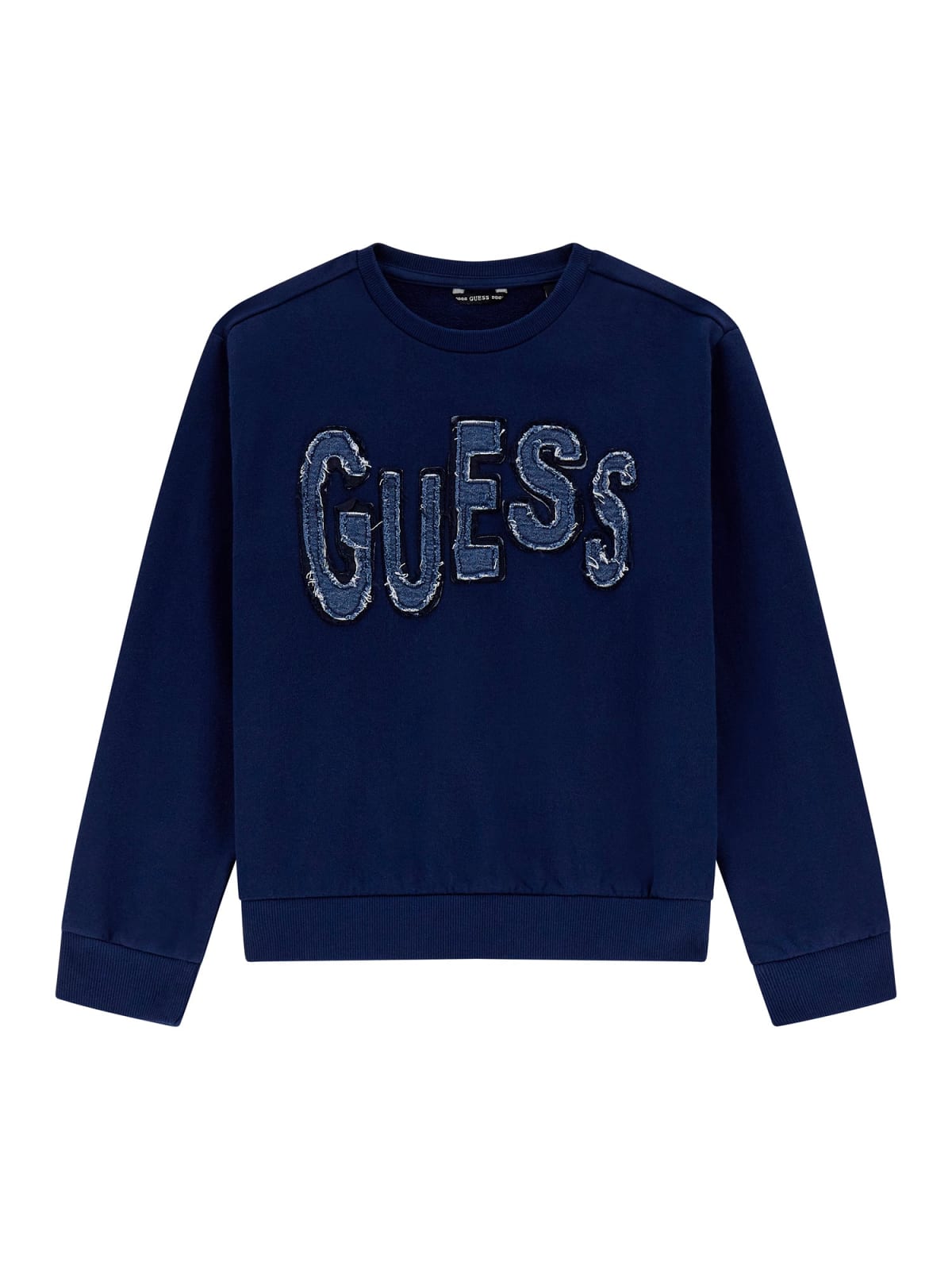 Felpa girocollo da ragazzo con maxi logo lettering ricamato in denim sul davanti L5BQ02KAD74