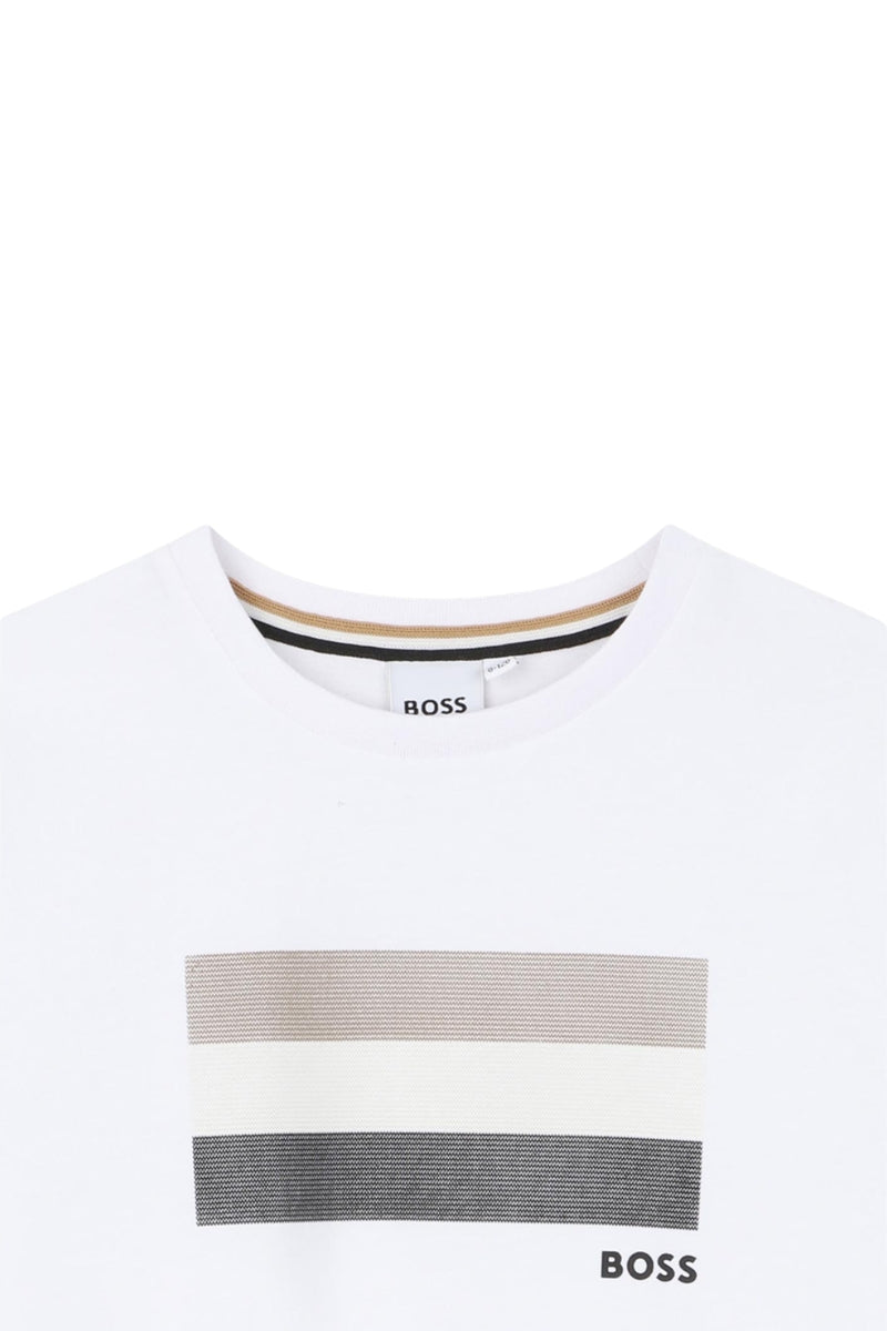 T-shirt da ragazzo in cotone con stampa block a contrasto sul davanti  J52979/10P