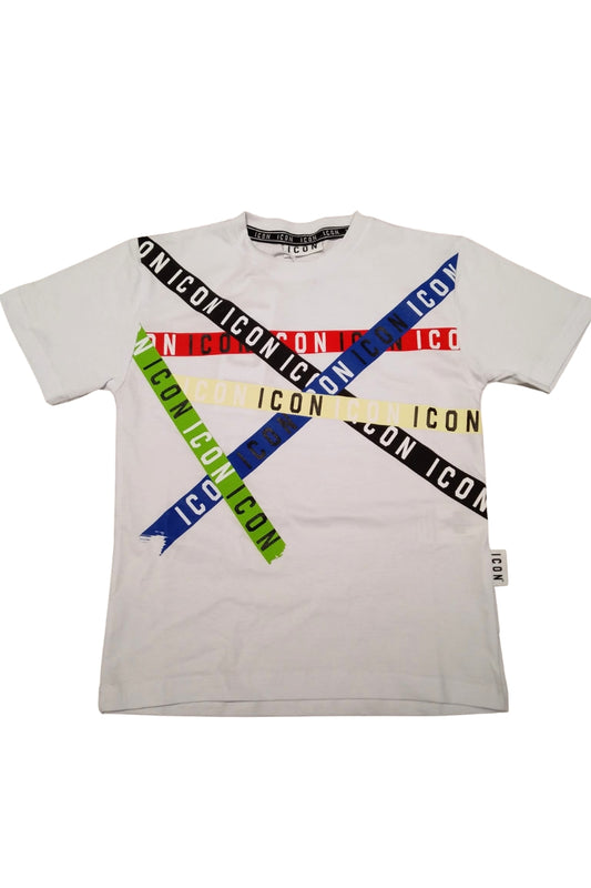 T-shirt da ragazzo con stampa bande multi color e multi logo lettering a incrocio IBKS001115