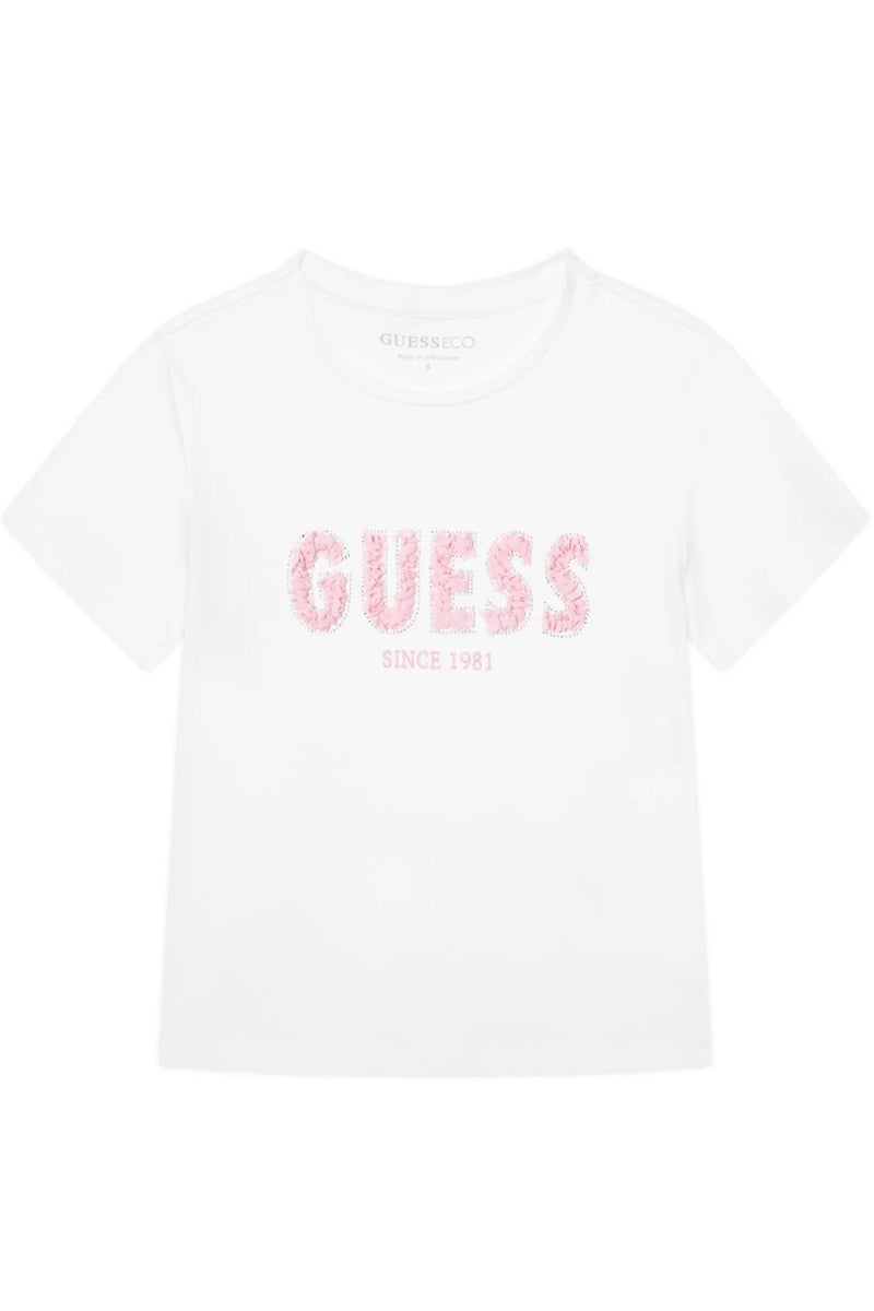 T-shirt da ragazza con logo lettering ricamato con tessuto arricciato in rilievo sul davanti J6RI24K6YW4