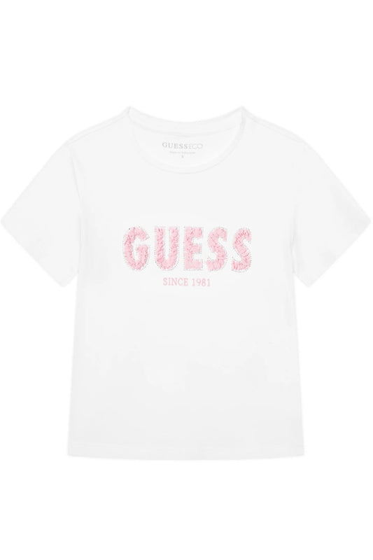 T-shirt da ragazza con logo lettering ricamato con tessuto arricciato in rilievo sul davanti J6RI24K6YW4