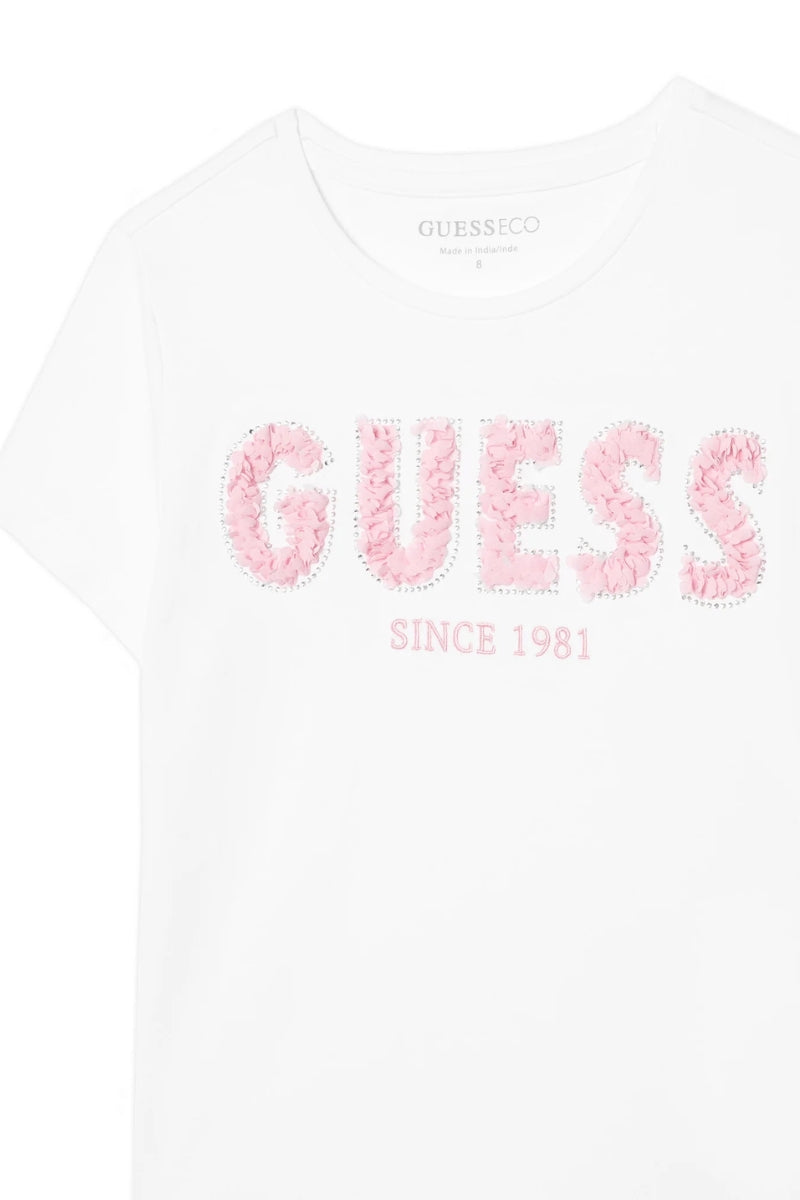T-shirt da ragazza con logo lettering ricamato con tessuto arricciato in rilievo sul davanti J6RI24K6YW4