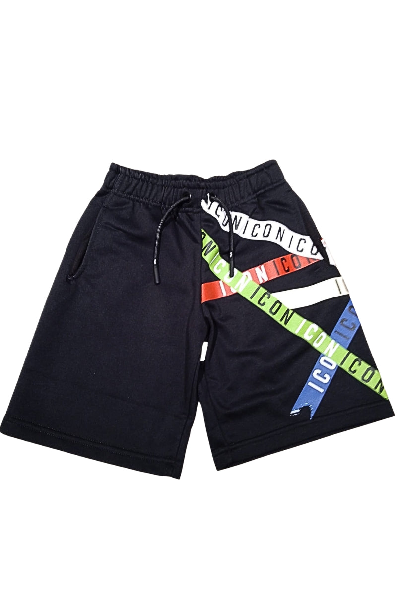 Bermuda da ragazzo con stampa bande multi color e multi lettering a incrocio IBSH001114