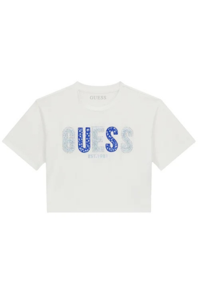 T-shirt da ragazza con logo lettering con strass e ricami a contrasto colore J6GI07K6YW4