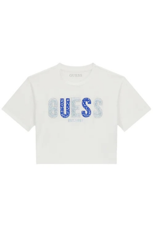 T-shirt da ragazza con logo lettering con strass e ricami a contrasto colore J6GI07K6YW4