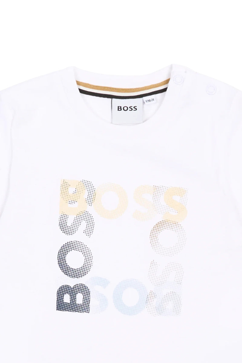 T-shirt da neonato e bambino in cotone con stampa multi logo sul davanti J52882/10P