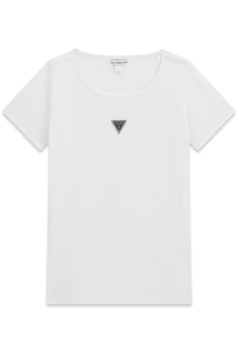 T-shirt da ragazza in cotone elasticizzato a costine con triangolo loggato frontale J5YP03KB101