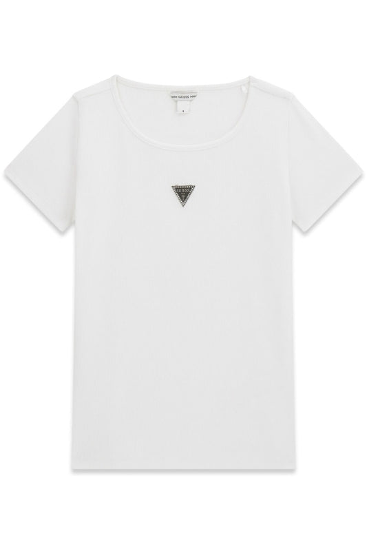 T-shirt da ragazza in cotone elasticizzato a costine con triangolo loggato frontale J5YP03KB101