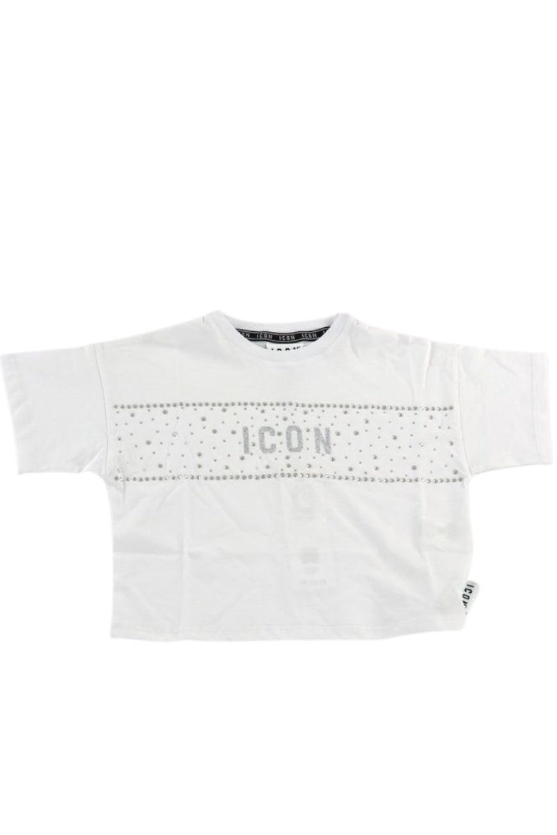 T-shirt cropped da ragazza con logo lettering, glitter e strass sul davanti IGKS001250