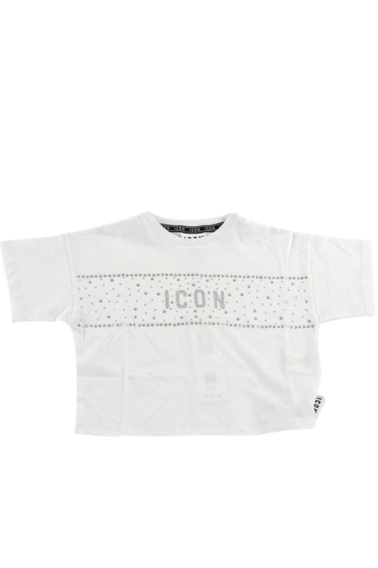 T-shirt cropped da ragazza con logo lettering, glitter e strass sul davanti IGKS001250