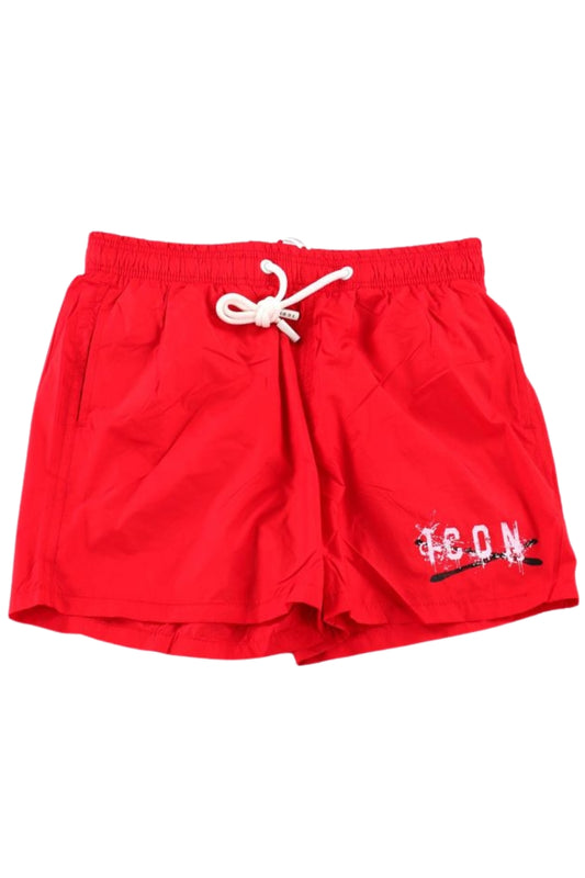 Costume da bagno da ragazzo modello boxer con stampa con maxi logo lettering e schizzi effetto spray sul retro IBCS001177