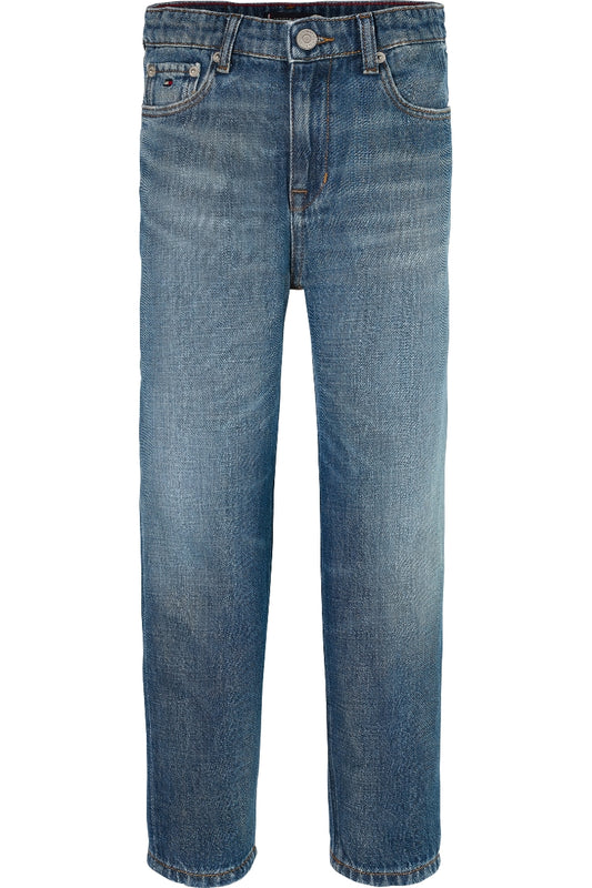 Jeans da bambino e ragazzo con lavaggio vintage e logo lettering ricamato sul retro KB0KB097101BZ