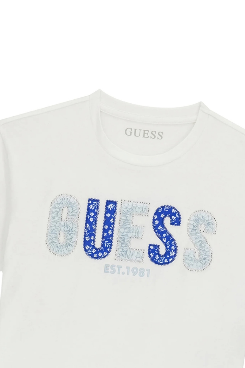 T-shirt da ragazza con logo lettering con strass e ricami a contrasto colore J6GI07K6YW4