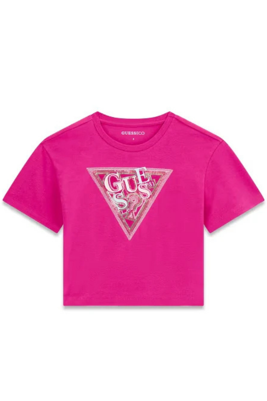 T-shirt da ragazza con maxi triangolo loggato ricamato con paillettes J6GI24K6YW4
