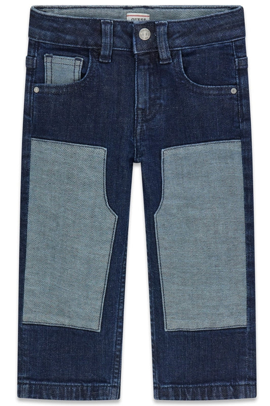 Jeans da bambino in denim scuro modello slim con toppe cucite a contrasto (6 e 7 anni) N6RA07D5G90