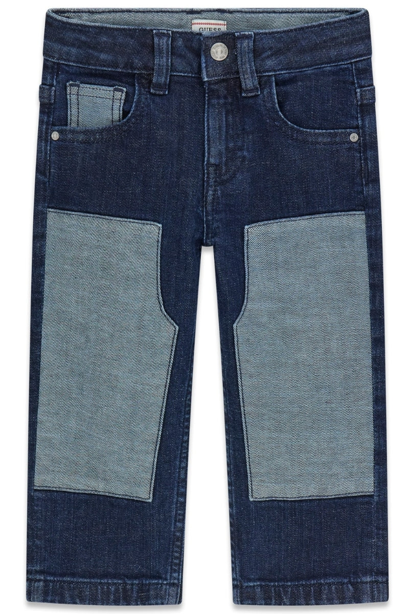 Jeans da bambino in denim scuro modello slim con toppe cucite a contrasto N6RA07D5G90
