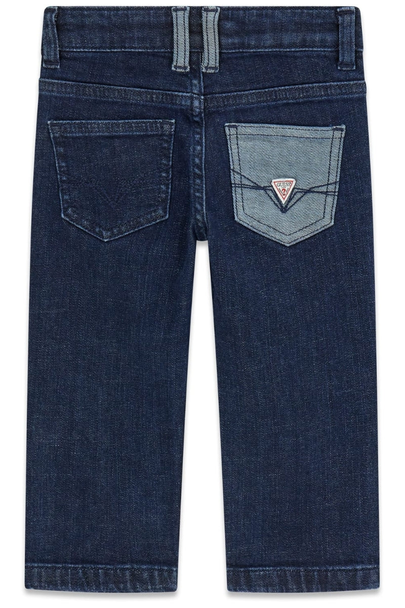 Jeans da bambino in denim scuro modello slim con toppe cucite a contrasto (6 e 7 anni) N6RA07D5G90