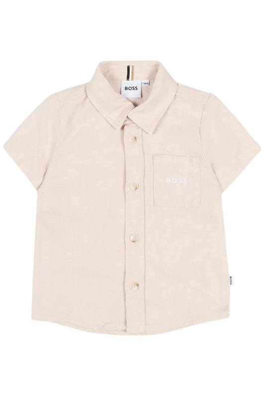 Camicia da neonato e bambino in misto lino con logo e taschino frontale J52843/130