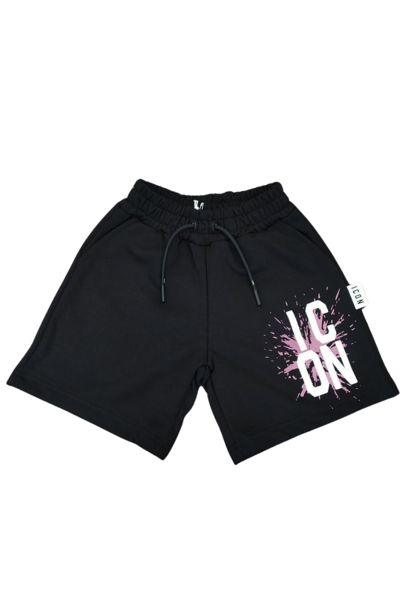 Bermuda da ragazza in cotone con stampa logo e schizzo a contrasto colore a sinistra IGSH001142
