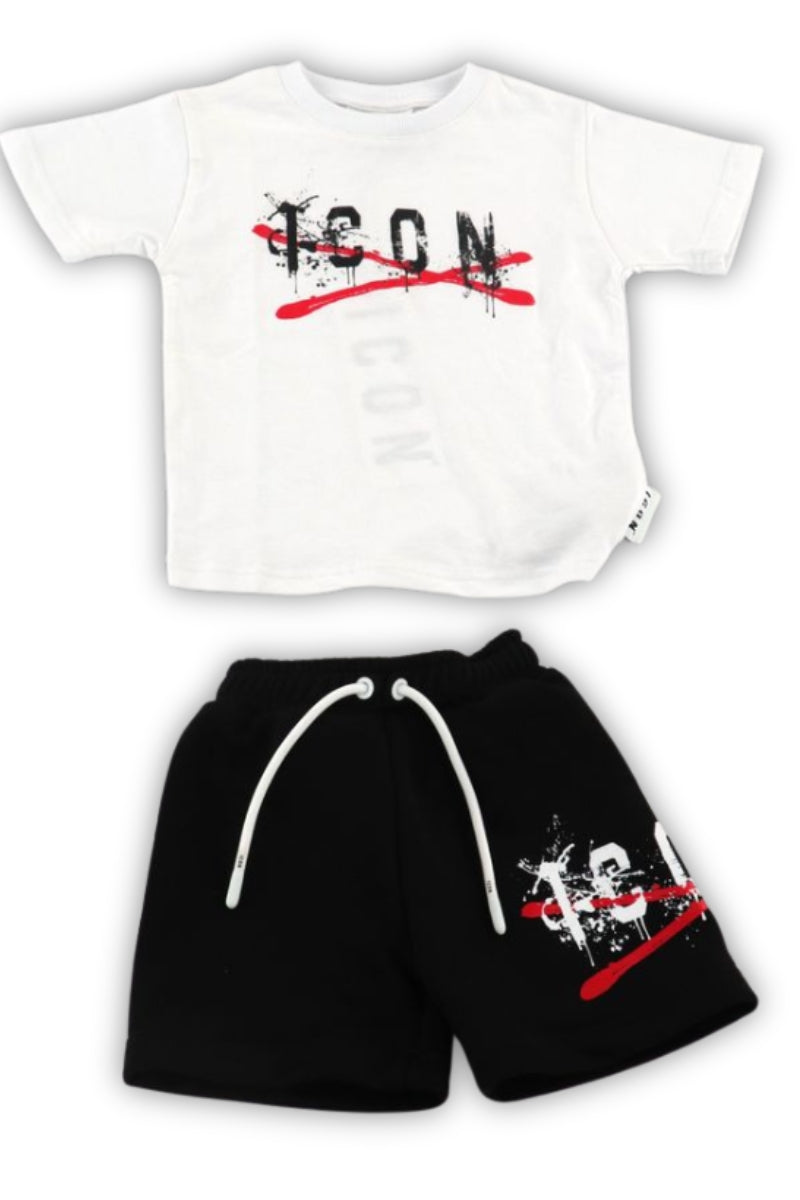 Completo da bambino due pezzi t-shirt e pantaloncini con stampa vernice spray e schizzi INBFS001244