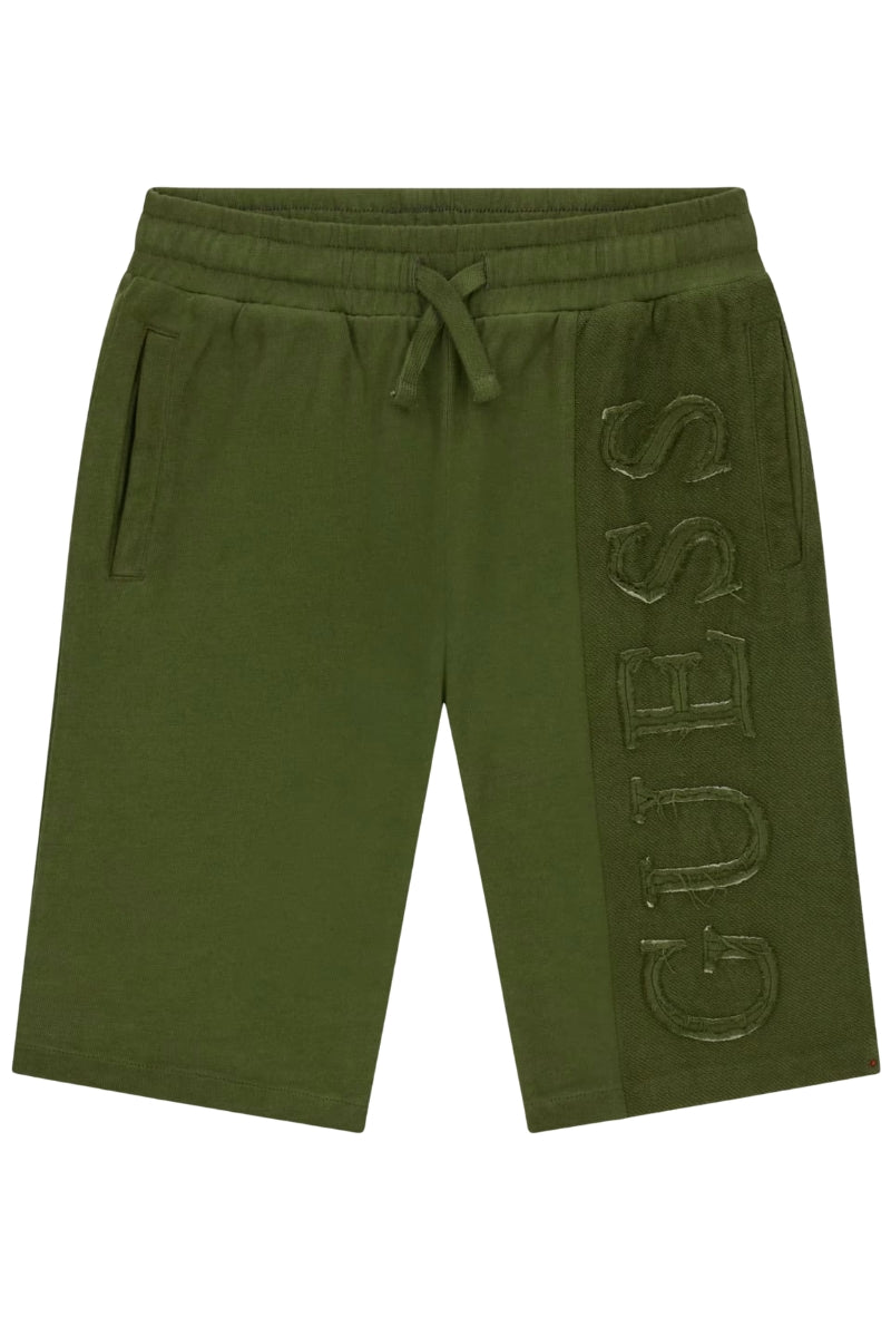 Bermuda da ragazzo in cotone garzato con maxi logo lettering verticale ricamato a sinistra L6GD01KA6R4