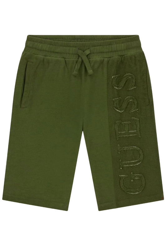 Bermuda da ragazzo in cotone garzato con maxi logo lettering verticale ricamato a sinistra L6GD01KA6R4