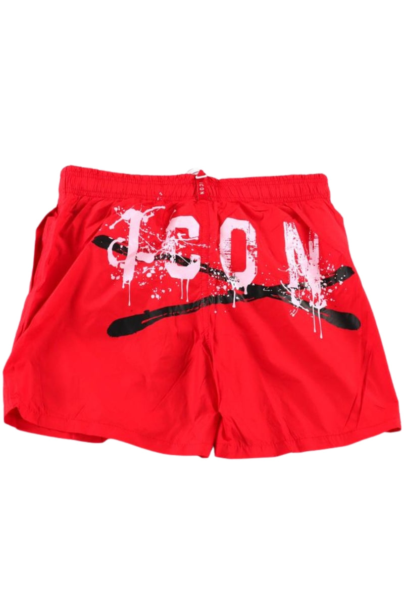 Costume da bagno da ragazzo modello boxer con stampa con maxi logo lettering e schizzi effetto spray sul retro IBCS001177