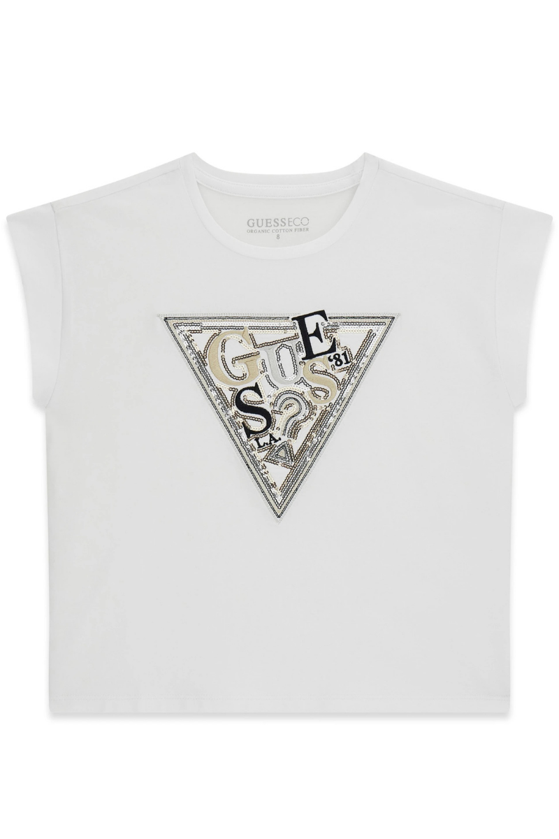 T-shirt girocollo da ragazza con maxi triangolo loggato ricamato con paillettes J6RI04K6YW4