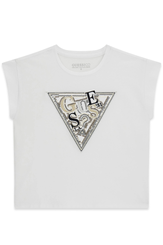 T-shirt girocollo da ragazza con maxi triangolo loggato ricamato con paillettes J6RI04K6YW4