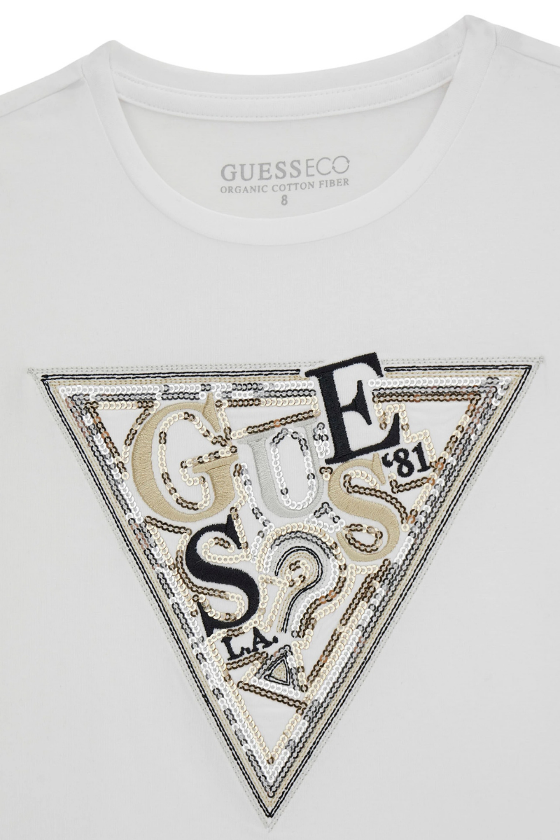 T-shirt girocollo da ragazza con maxi triangolo loggato ricamato con paillettes J6RI04K6YW4