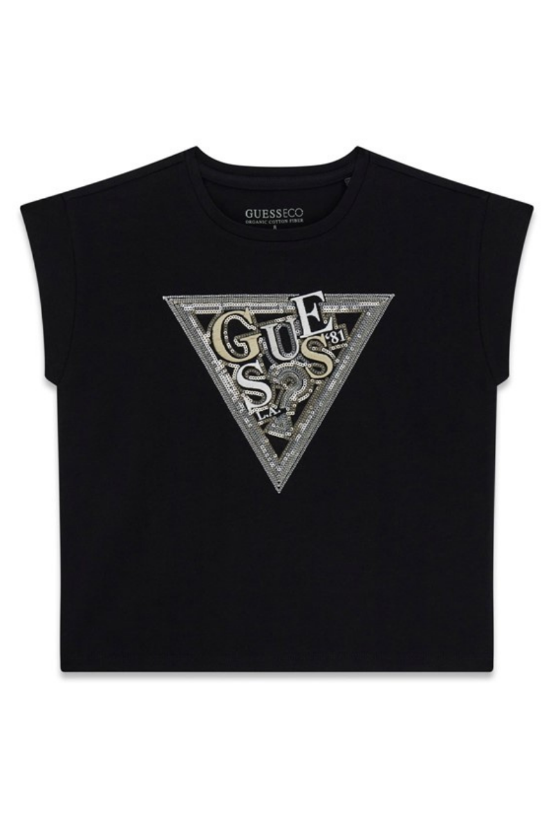 T-shirt girocollo da ragazza con maxi triangolo loggato ricamato con paillettes J6RI04K6YW4