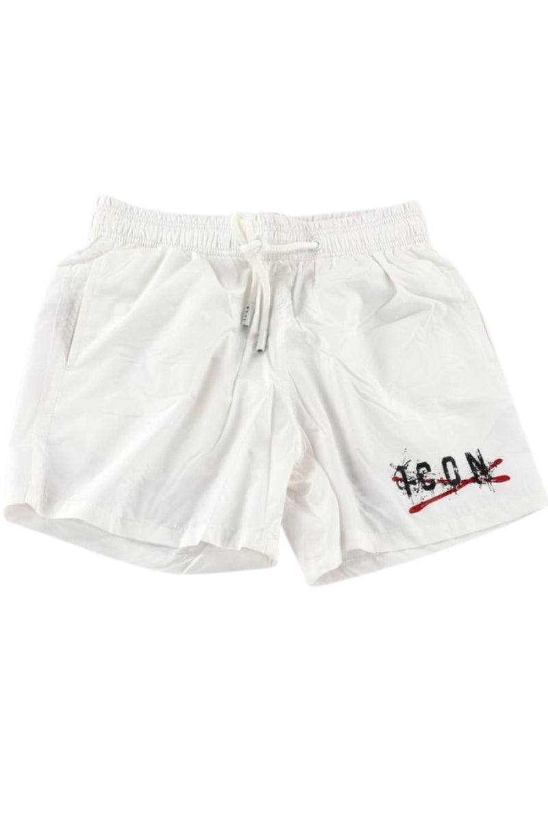 Costume da bagno da ragazzo modello boxer con stampa con maxi logo lettering e schizzi effetto spray sul retro IBCS001177