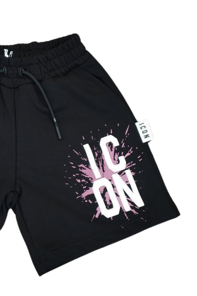 Bermuda da ragazza in cotone con stampa logo e schizzo a contrasto colore a sinistra IGSH001142