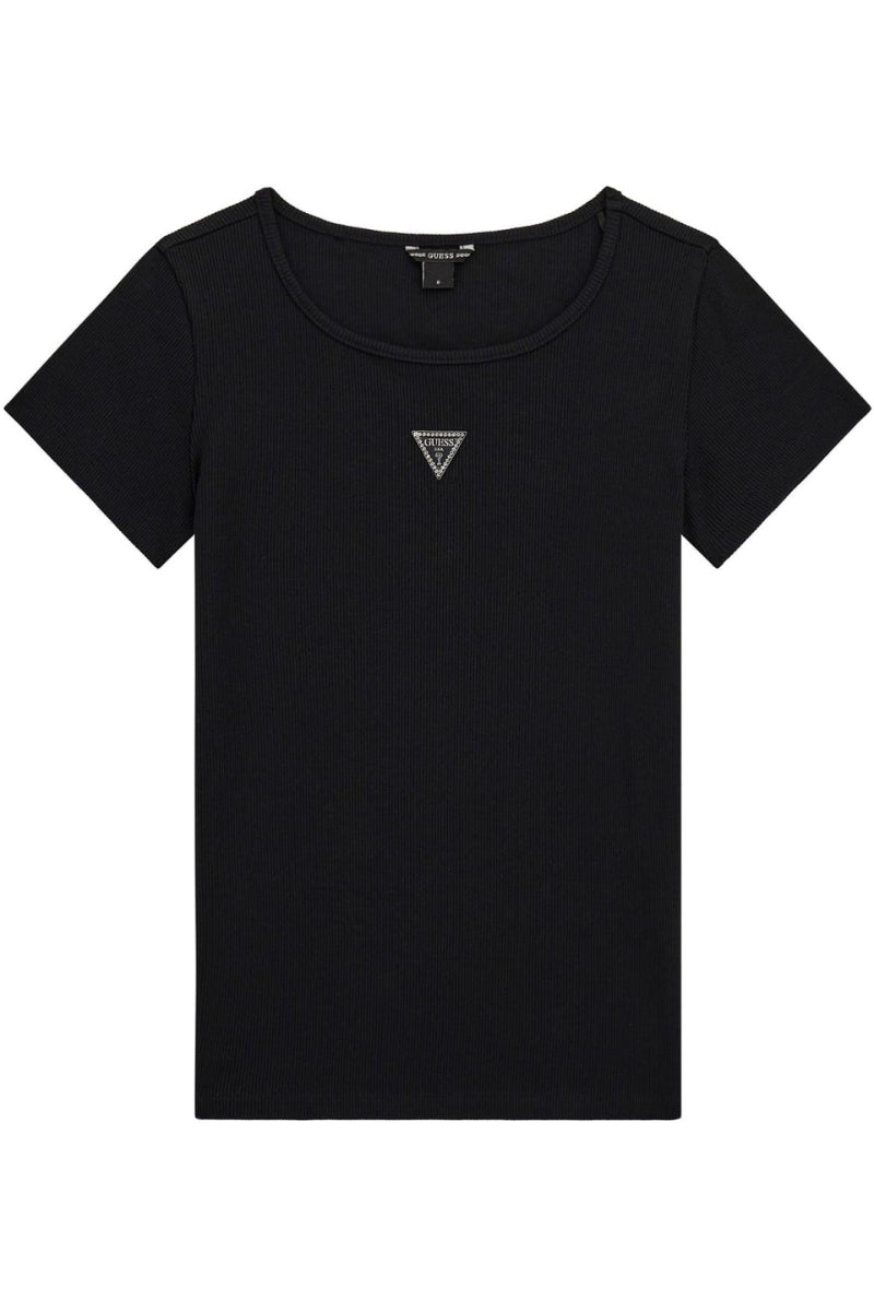 T-shirt da ragazza in cotone elasticizzato a costine con triangolo loggato frontale J5YP03KB101