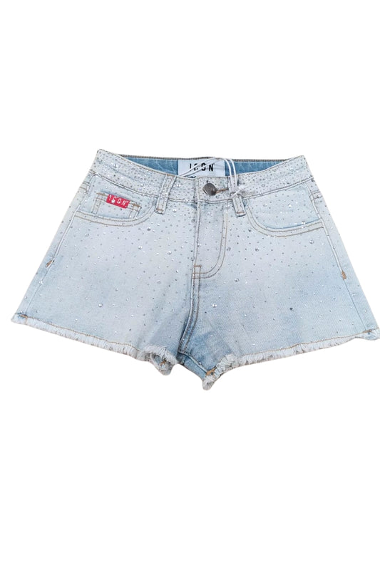 Shorts da ragazza in denim chiaro con strass all over e orlo sfrangiato IGDS001058