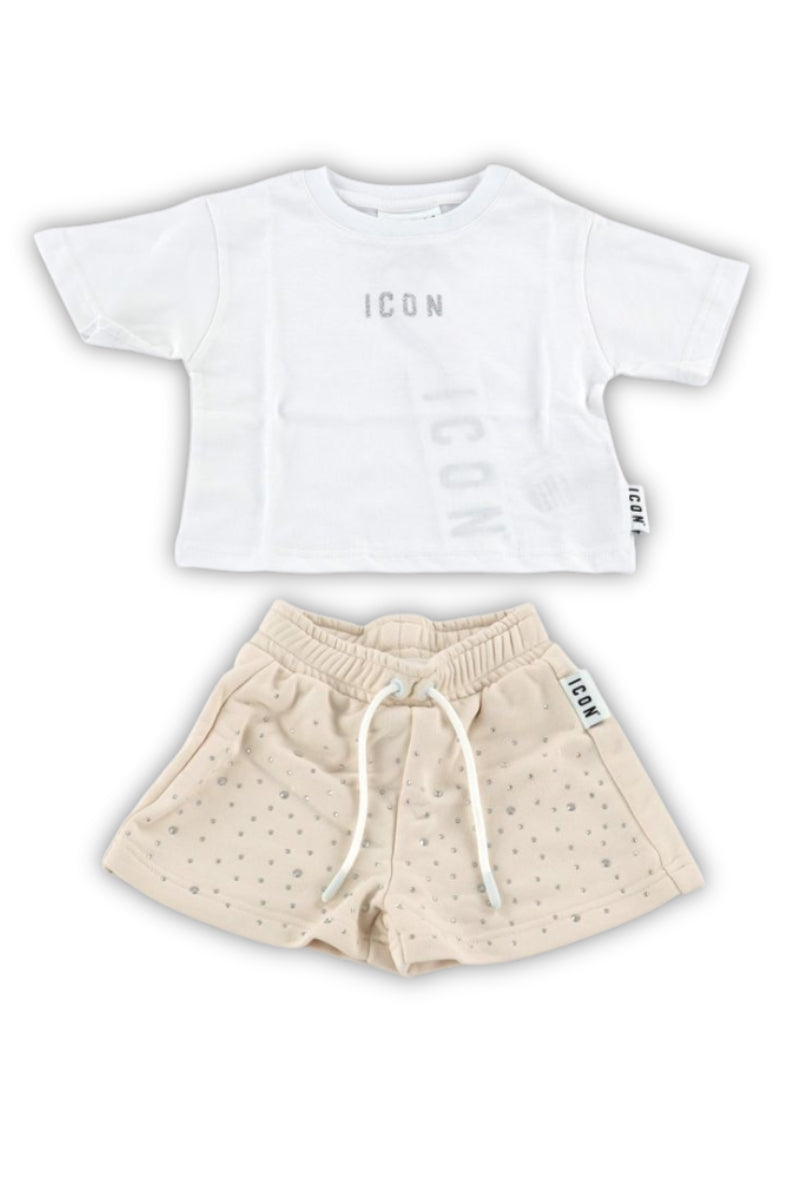 Completo da bambina due pezzi t-shirt e pantaloncini con strass INGFS001235