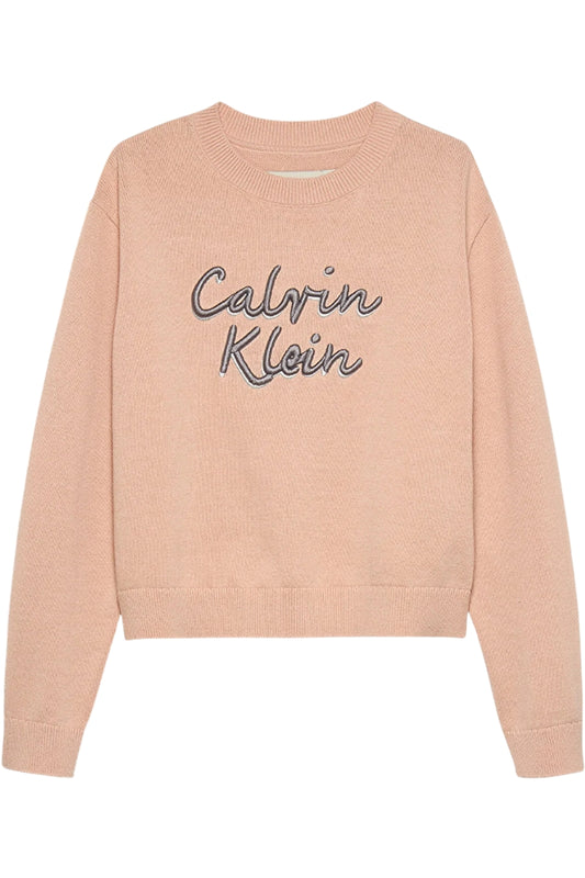 Maglione girocollo da ragazza in cotone con logo handwriting ricamato sul davanti IG0IG02971TGI