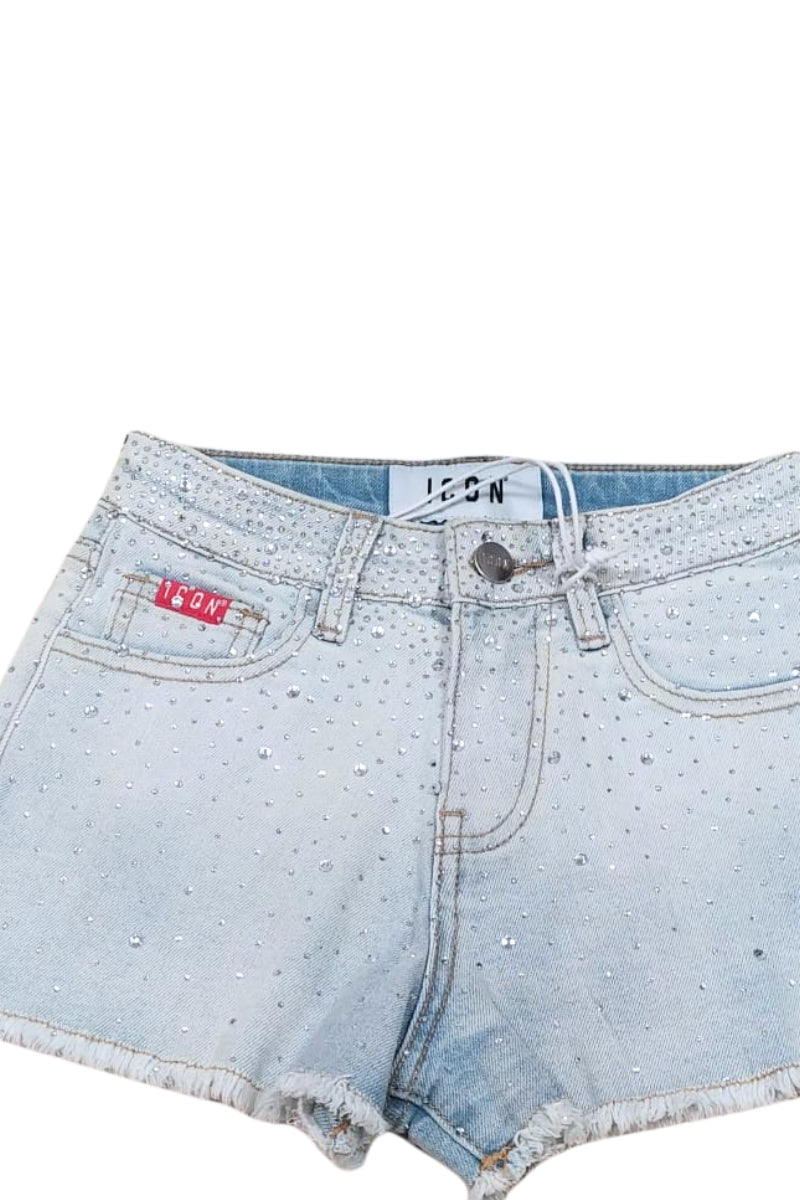 Shorts da ragazza in denim chiaro con strass all over e orlo sfrangiato IGDS001058