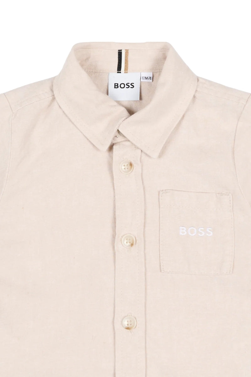 Camicia da neonato e bambino in misto lino con logo e taschino frontale J52843/130