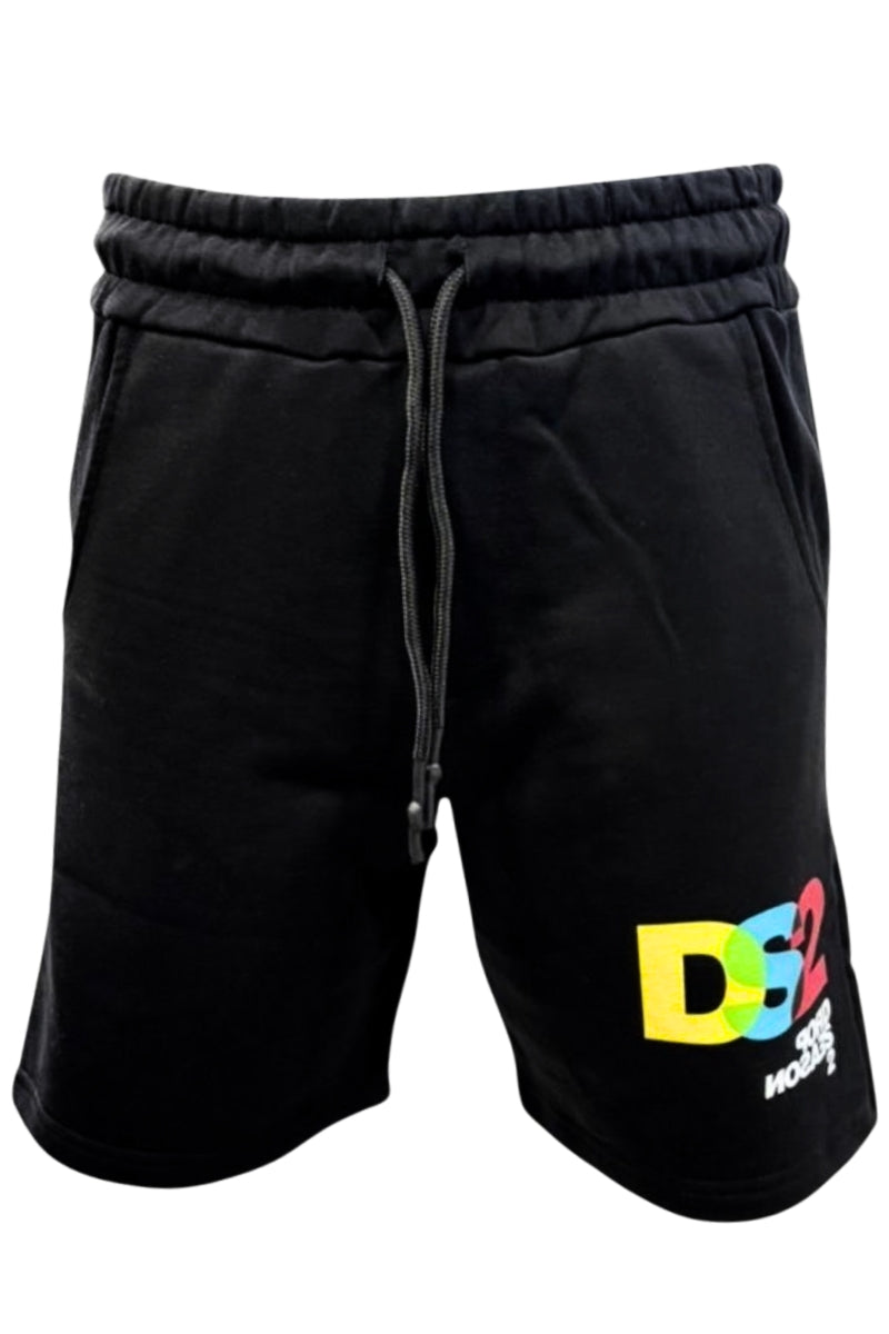 Bermuda da uomo in cotone garzato con stampa con logo lettering multicolor sul fondo a sinistra SS26287