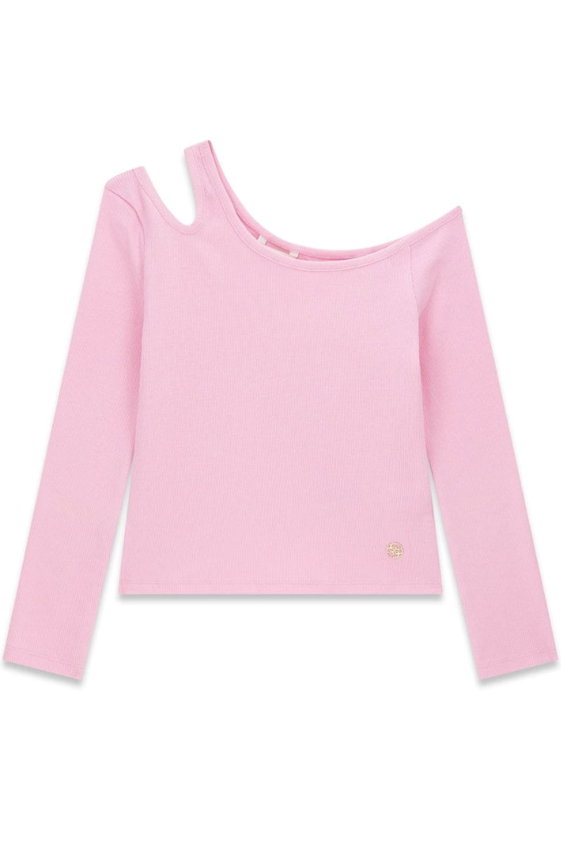Maglia da ragazza in cotone elasticizzato a costine con scollatura e finta spallina J6RI29KBZP4