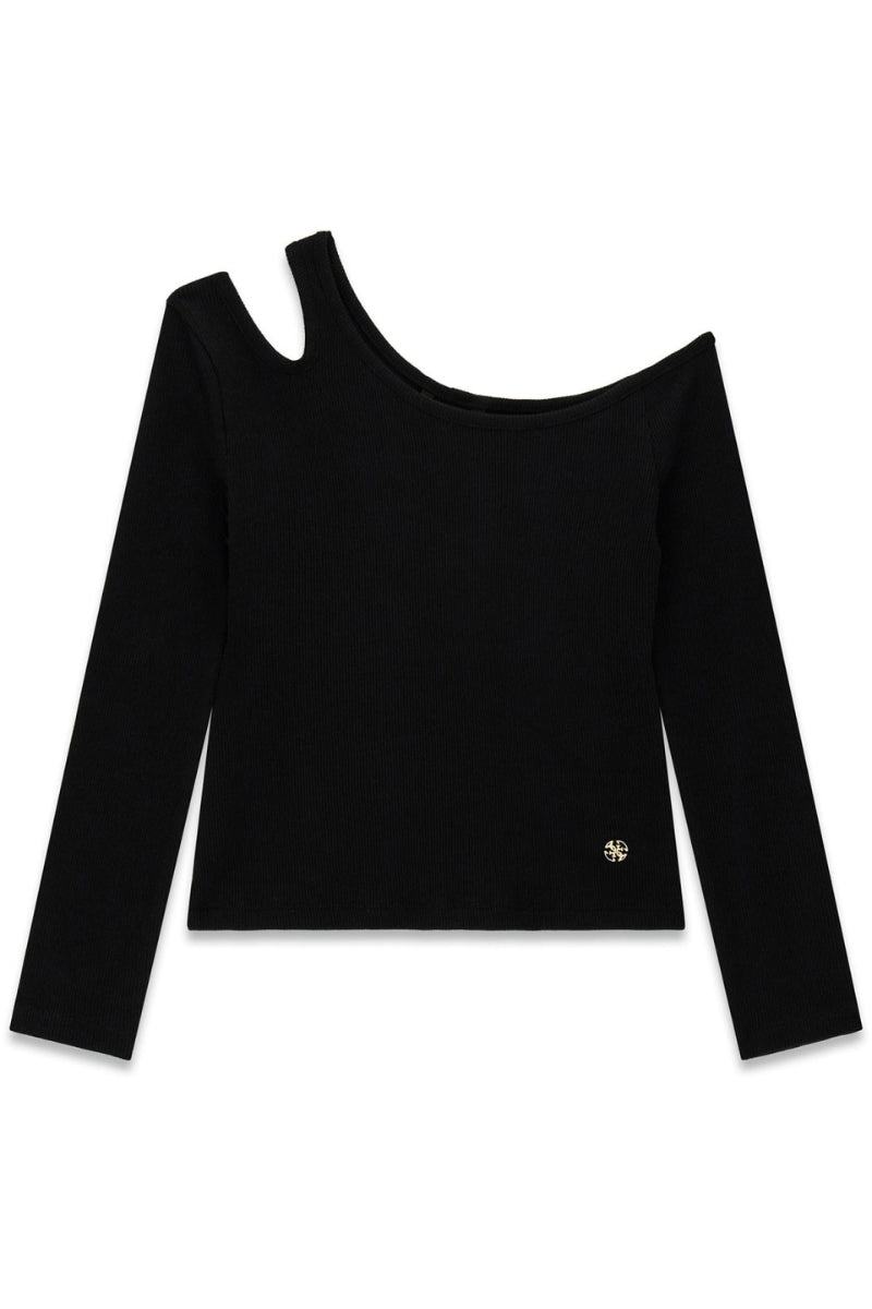 Maglia da ragazza in cotone elasticizzato a costine con scollatura e finta spallina J6RI29KBZP4