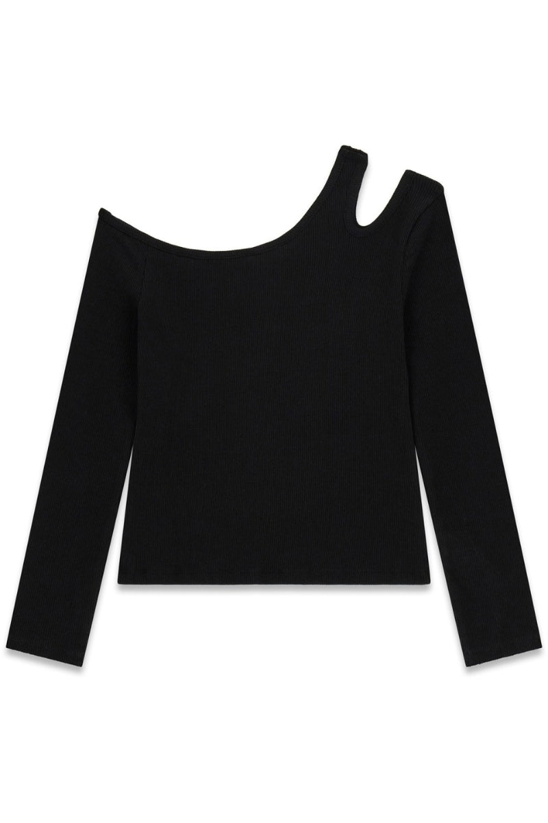 Maglia da ragazza in cotone elasticizzato a costine con scollatura e finta spallina J6RI29KBZP4
