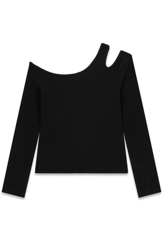 Maglia da ragazza in cotone elasticizzato a costine con scollatura e finta spallina J6RI29KBZP4