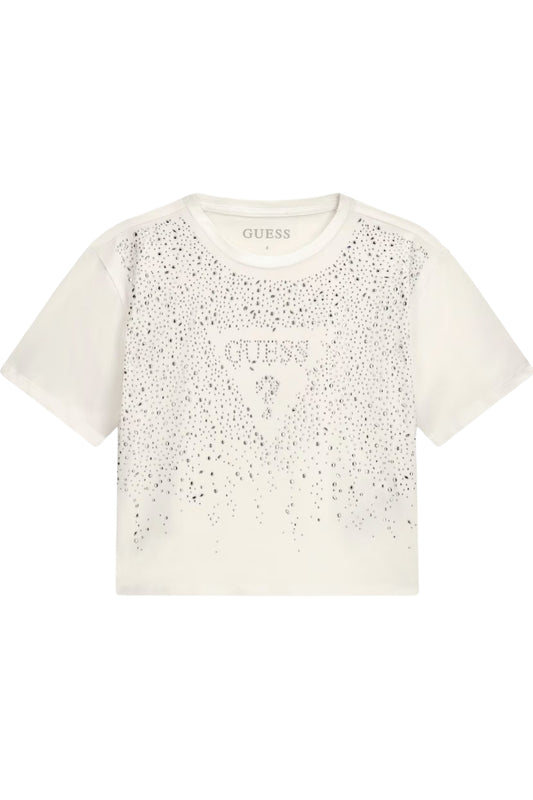 T-shirt girocollo da ragazza in jersey di cotone con maxi triangolo con logo e strass J6RI37K6YW4