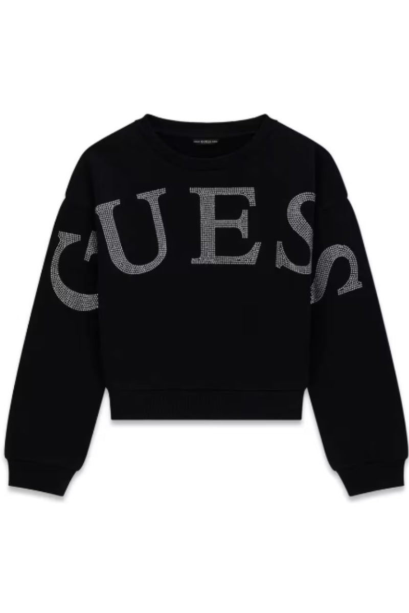 Felpa girocollo da ragazza in cotone con maxi logo lettering con strass frontale J6RQ00KAD74