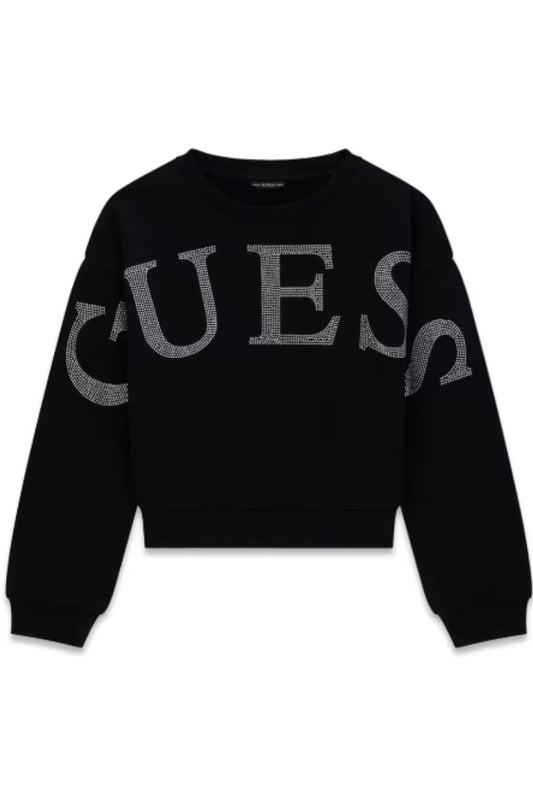 Felpa girocollo da ragazza in cotone con maxi logo lettering con strass frontale J6RQ00KAD74
