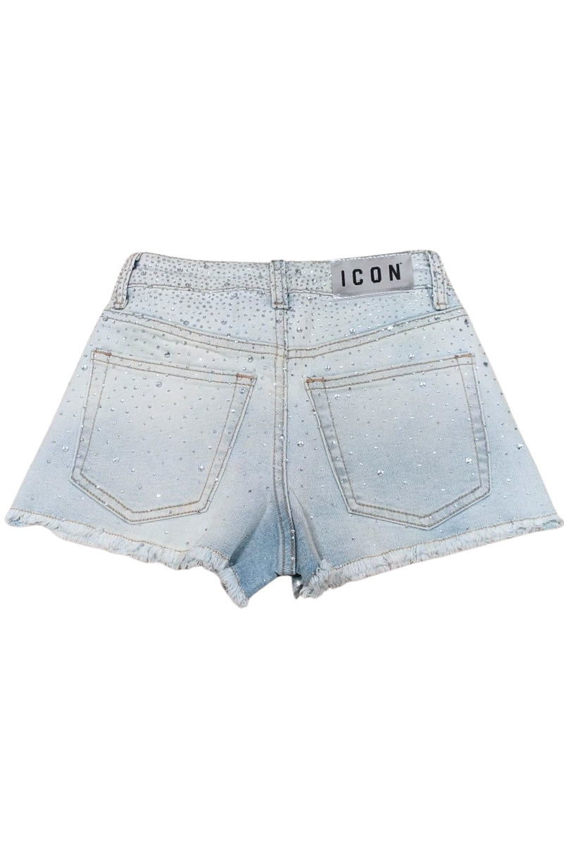 Shorts da ragazza in denim chiaro con strass all over e orlo sfrangiato IGDS001058