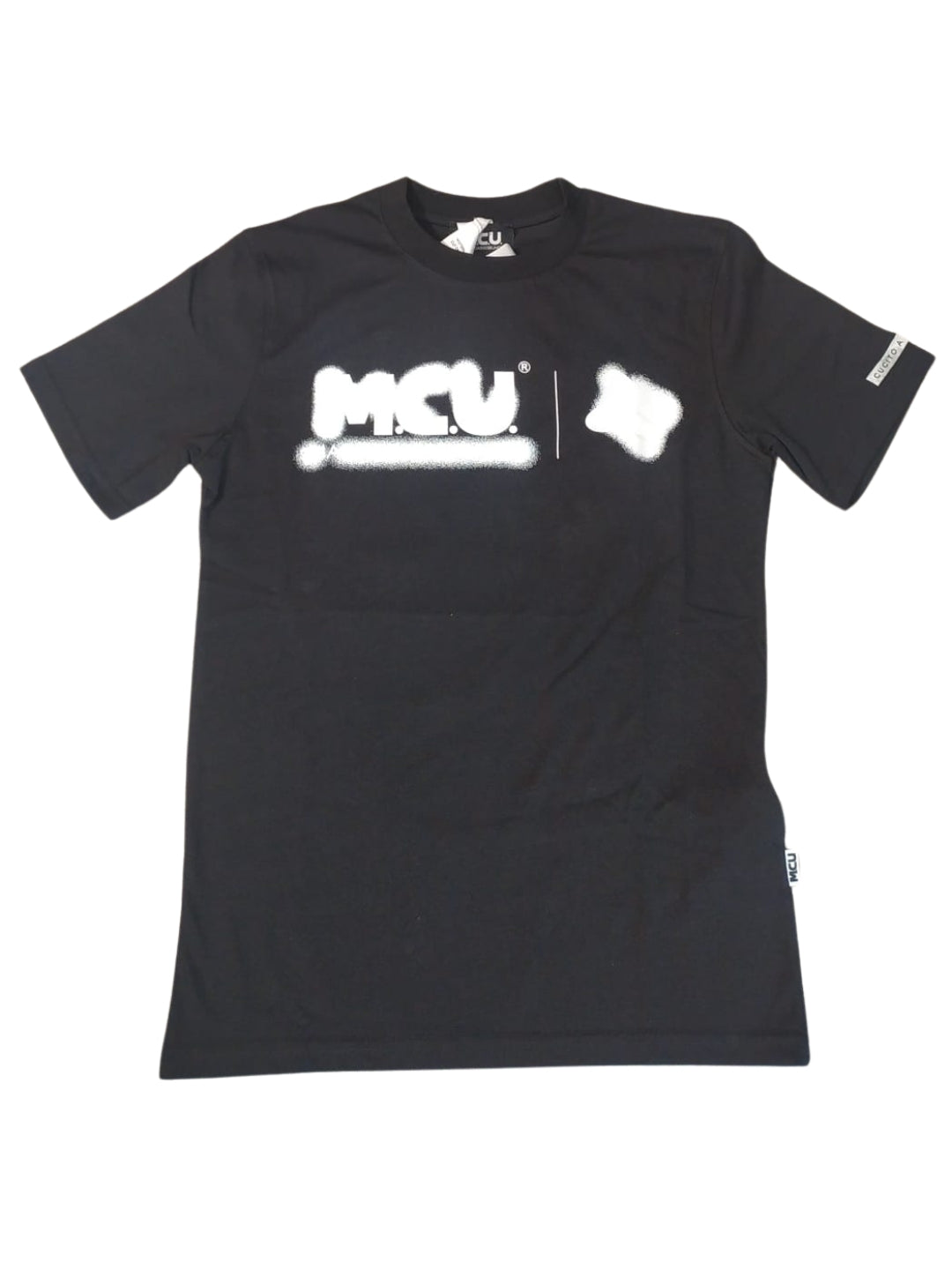 T-shirt da uomo e donna con stampa loggata effetto bomboletta spray MCU705T