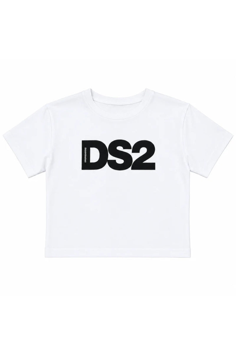 T-shirt cropped da ragazza con maxi logo monogram stampato a contrasto colore sul davanti SS26K507